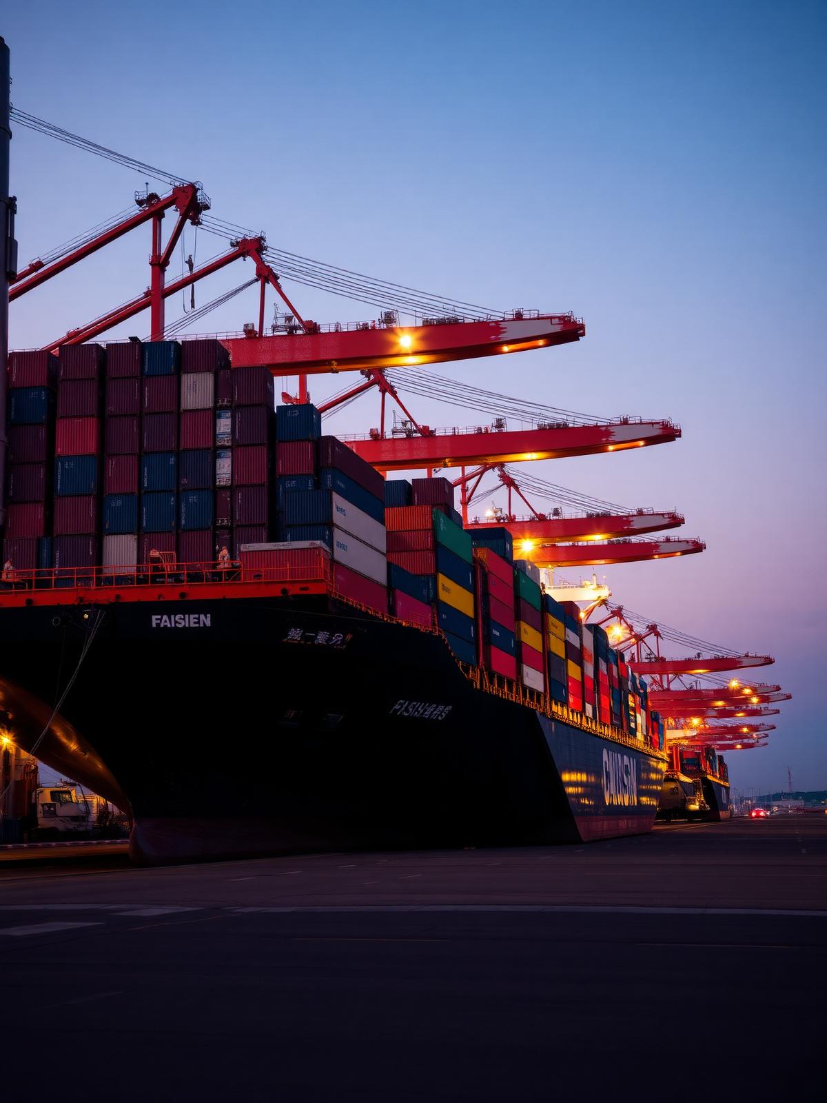 Cargo containers being loaded at a Chinese port terminal at dusk
